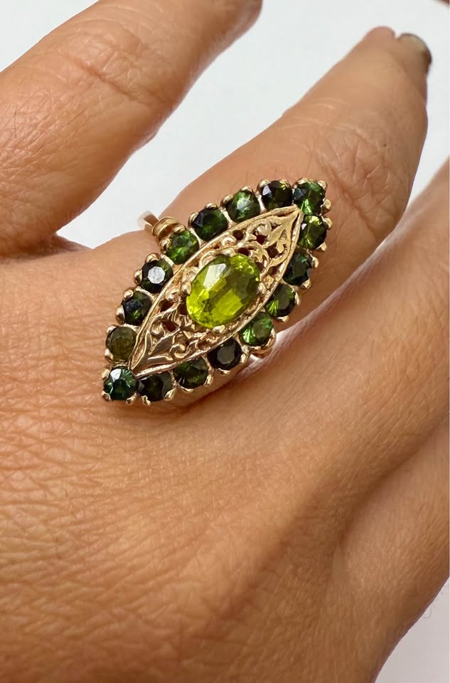 Vintage Tsavorite Garnets and Peridot Statement Ring in 10karat Gold
