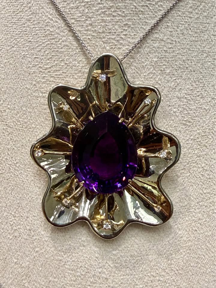 Unique Custom 14k Two Tone 30.4 grams 58.85 Carat Natural Amethyst Pendant