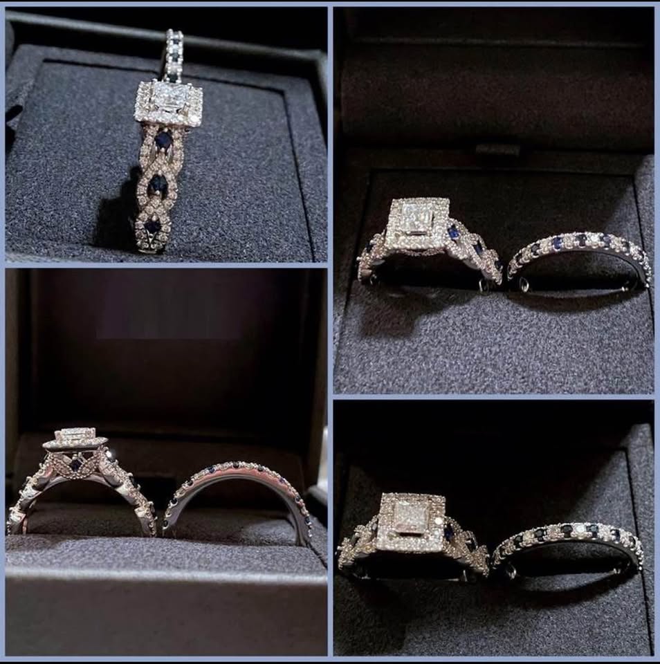 Vera Wang Love Collection 1.25CT. T.W. Princess-Cut Diamond and Blue Sapphire Wedding Set in 14k