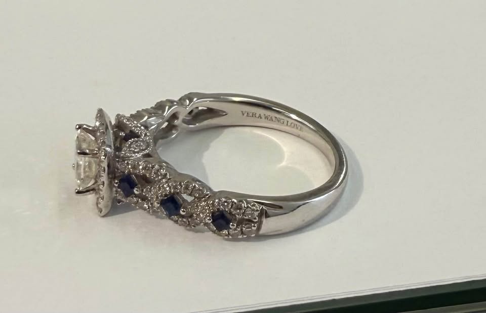 Vera Wang Love Collection 1.25CT. T.W. Princess-Cut Diamond and Blue Sapphire Wedding Set in 14k