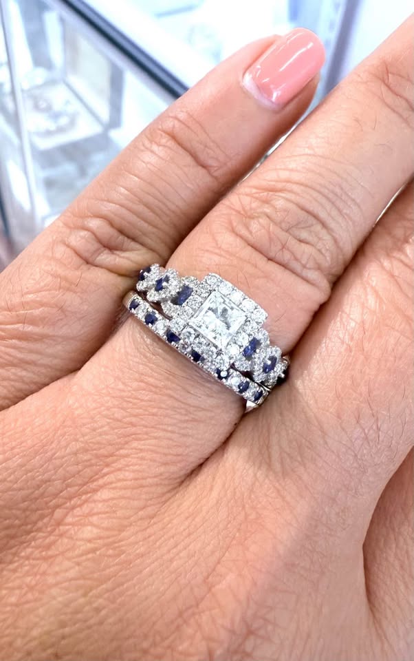 Vera Wang Love Collection 1.25CT. T.W. Princess-Cut Diamond and Blue Sapphire Wedding Set in 14k