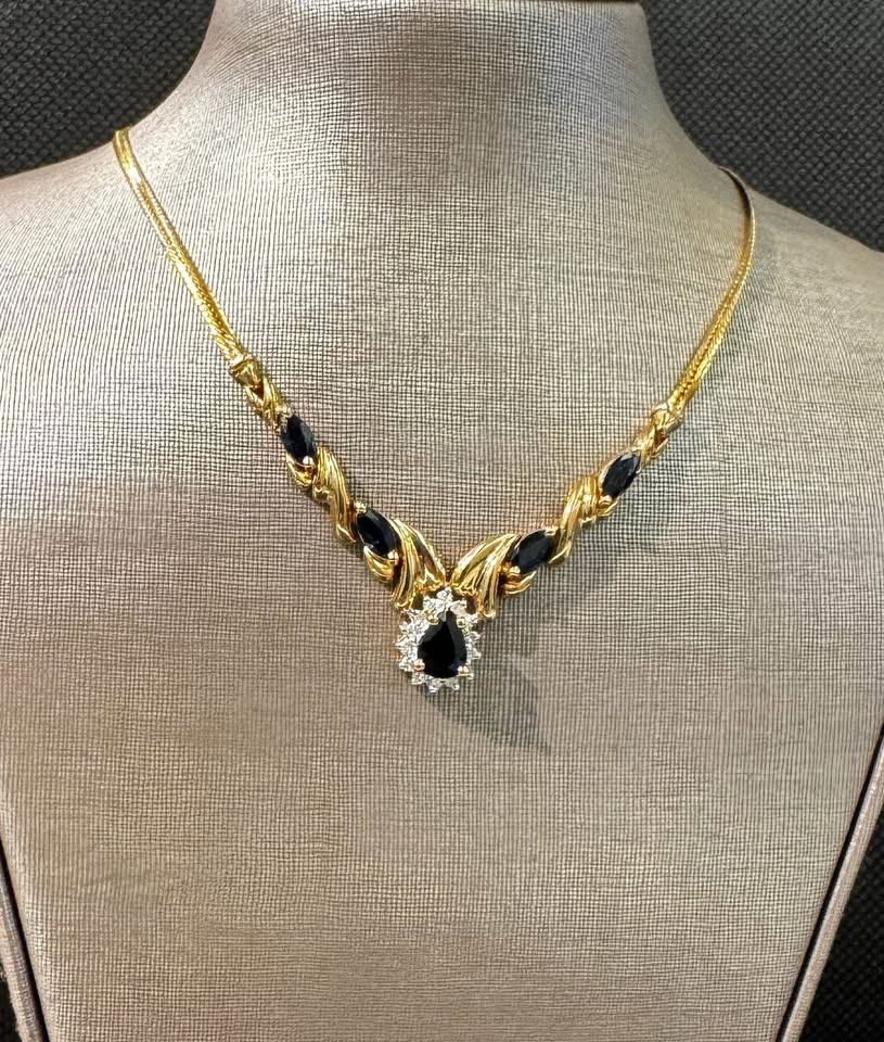 Vintage 10 Karat Gold Natural Sapphires & Diamonds Necklace