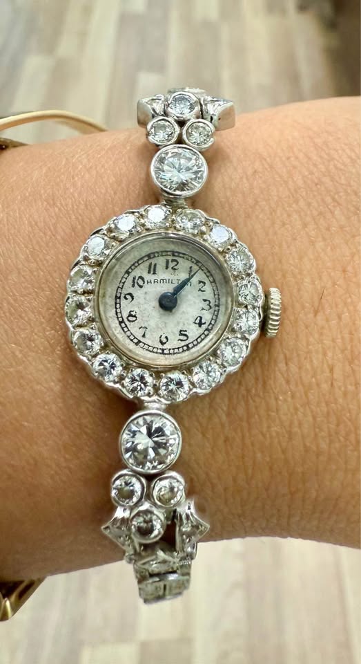 Vintage ArtDeco Hamilton 14k Solid Gold Watch , 4.50carat Natural European Cut Diamonds