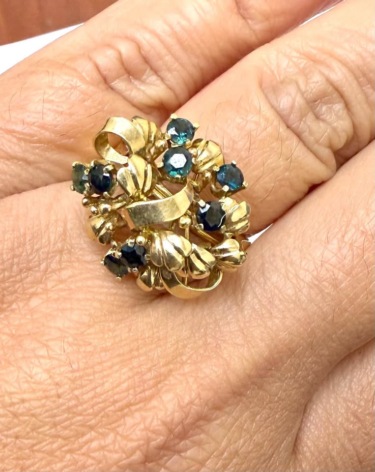 Vintage Natural Greenish-Blue Sapphires Cocktail Ring in 14k Yellow Gold