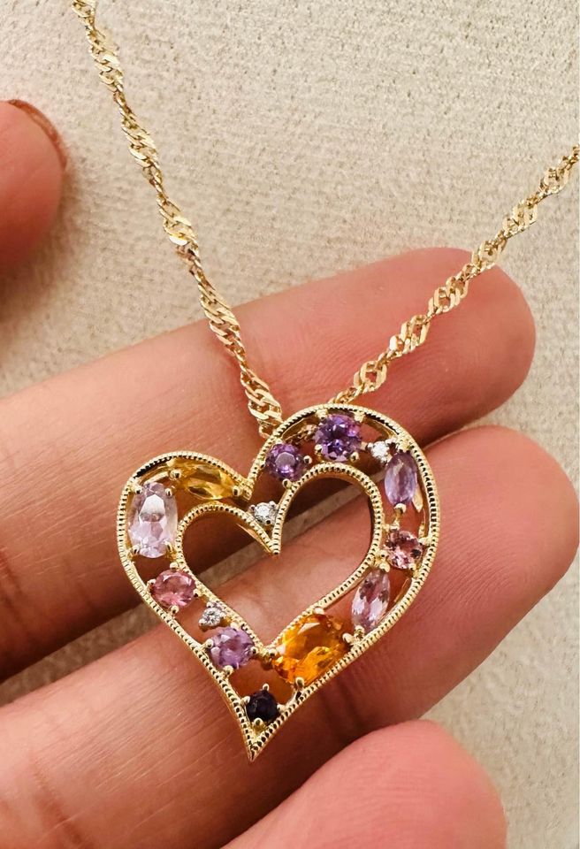 Unique Natural Gems Heart Necklace 20”